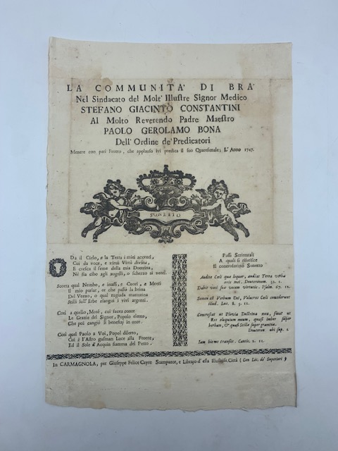 La comunità di Bra nel Sindacato del molt'Illustre Signor Medico Stefano Giacinto Constantini al molto Reverendo Padre Maestro Paolo Gerolamo Bona dell'Ordine de' Predicatori...